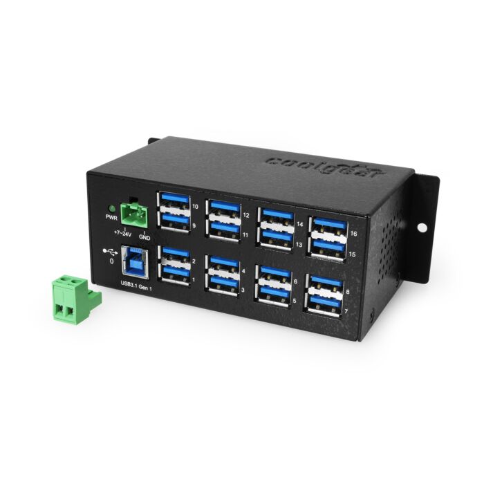 16-Port USB 3.2 Gen1 w/15KV ESD Surge Protection DIN Rail Mount