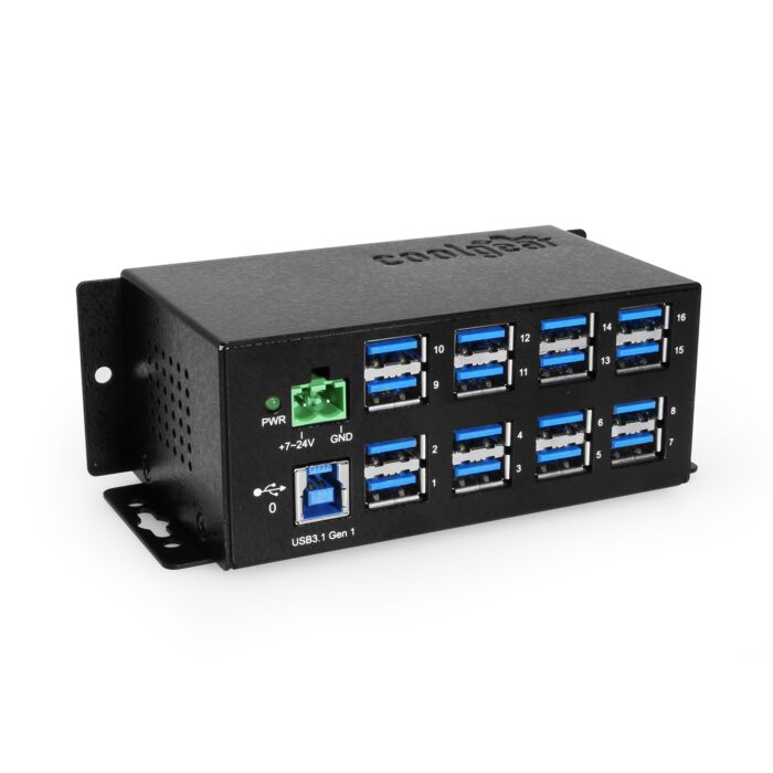 16-Port USB 3.2 Gen1 w/15KV ESD Surge Protection DIN Rail Mount