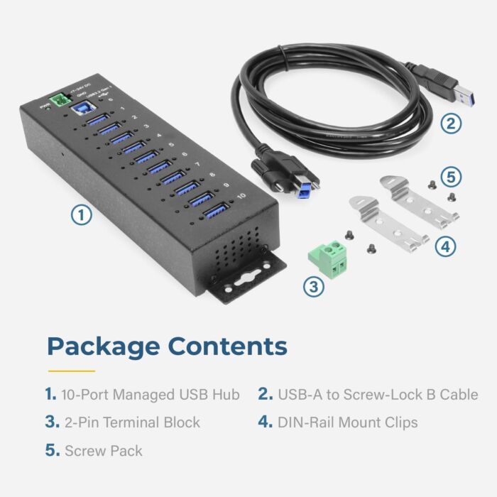10 Port Managed USB 3.2 Gen 1 Hub w/ 15KV ESD Surge Protection Per Port