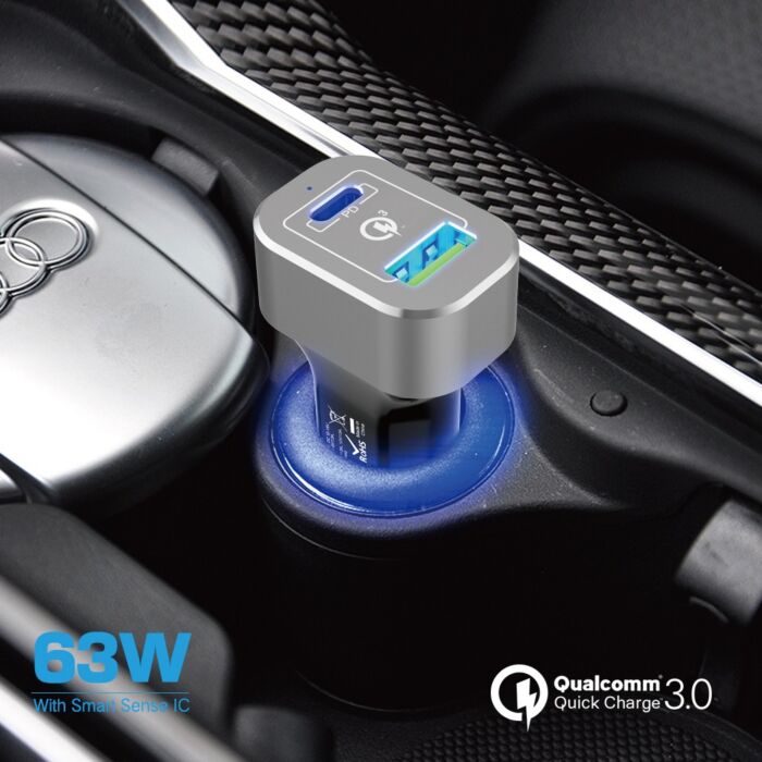 63W Car Charger USB C Power Delivery 2.0 and USB A Quick Charge 3.0
