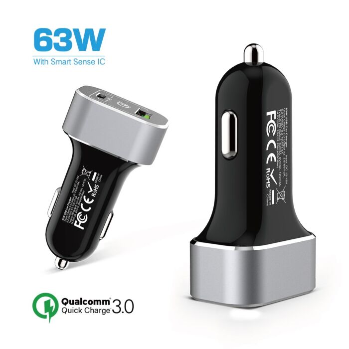 63W Car Charger USB C Power Delivery 2.0 and USB A Quick Charge 3.0