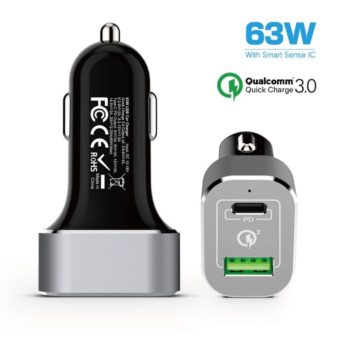 63W Car Charger USB C Power Delivery 2.0 and USB A Quick Charge 3.0