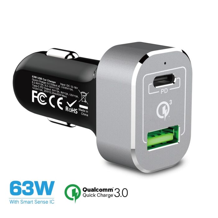 63W Car Charger USB C Power Delivery 2.0 and USB A Quick Charge 3.0