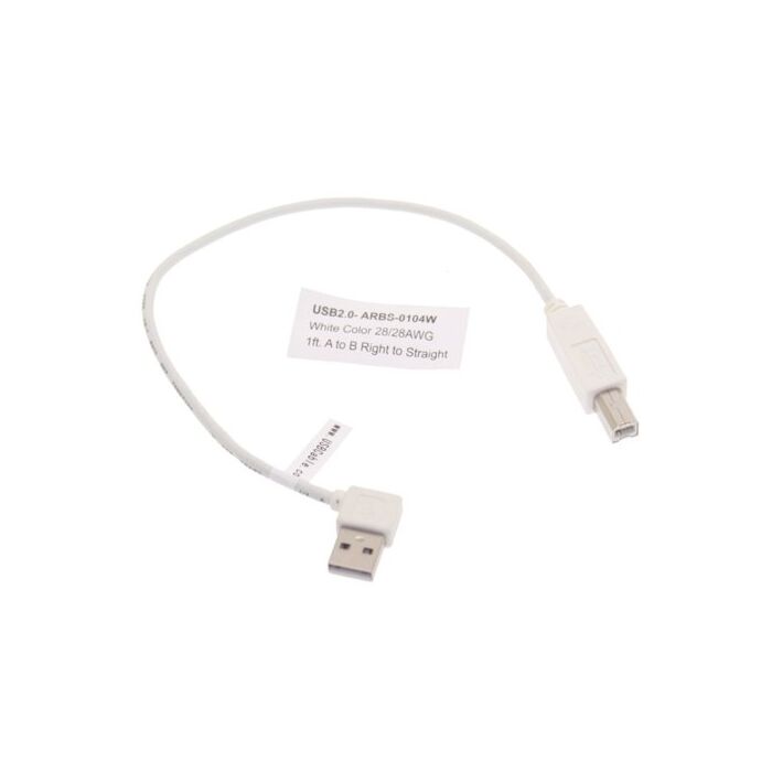 1ft. White Right to Straight A to B 28/28AWG Cable USB 2.0 RoHS