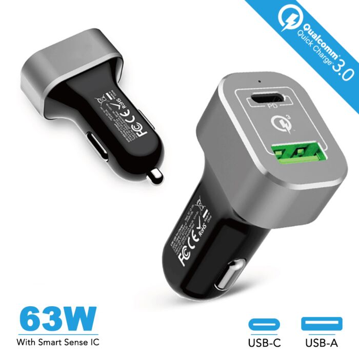 63W Car Charger USB C Power Delivery 2.0 and USB A Quick Charge 3.0