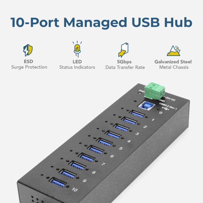 10 Port Managed Network Shareable USB 3.2 Gen 1 Hub w/ 15KV ESD Surge Protection