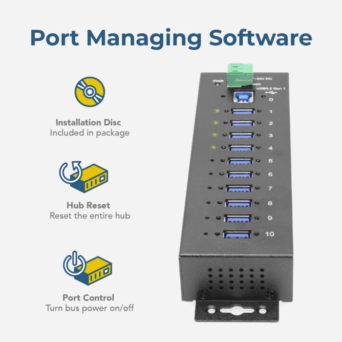 10 Port Managed Network Shareable USB 3.2 Gen 1 Hub w/ 15KV ESD Surge Protection