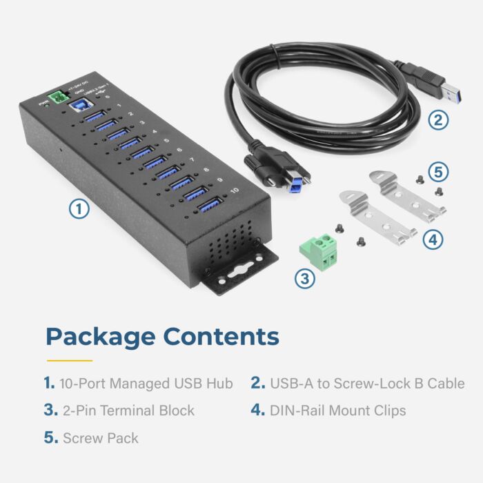 10 Port Managed Network Shareable USB 3.2 Gen 1 Hub w/ 15KV ESD Surge Protection