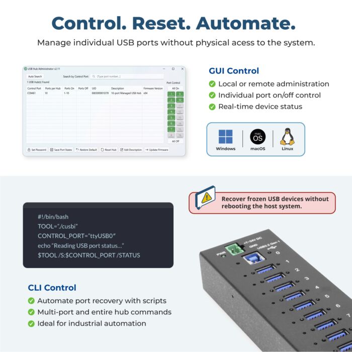 10 Port Managed Network Shareable USB 3.2 Gen 1 Hub w/ 15KV ESD Surge Protection