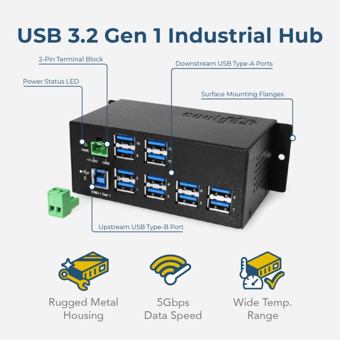 12-Port USB 3.2 Gen1 w/15KV ESD Surge Protection DIN Rail Mount