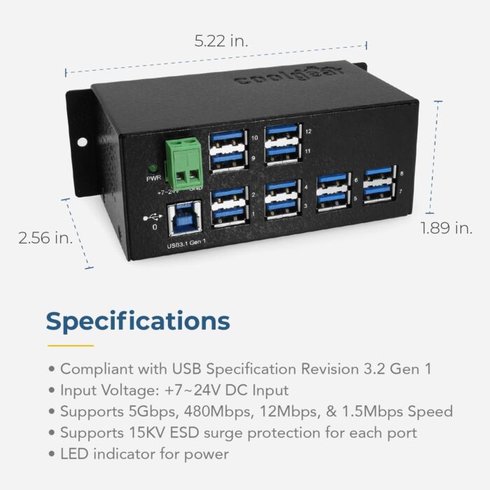 12-Port USB 3.2 Gen1 w/15KV ESD Surge Protection DIN Rail Mount