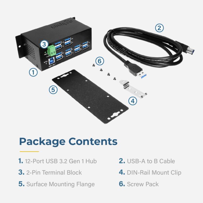 12-Port USB 3.2 Gen1 w/15KV ESD Surge Protection DIN Rail Mount
