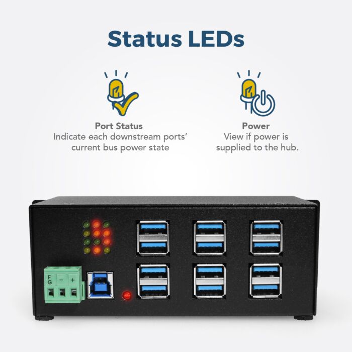 12 Port Industrial USB 3.2 Gen 1 Hub w/ Port Status LEDs
