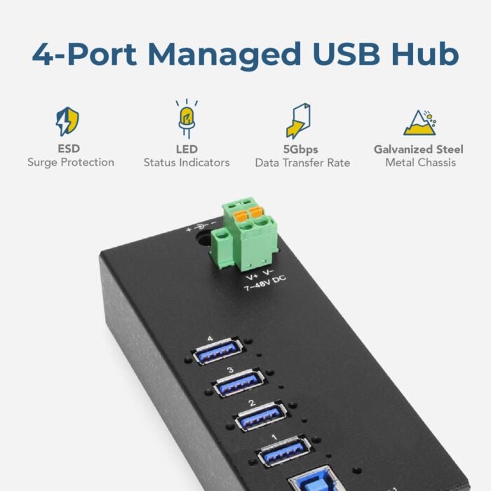 4 Port Managed USB 3.2 Gen 1 Hub w/ 15KV ESD Surge Protection & Vertical Port Orientation