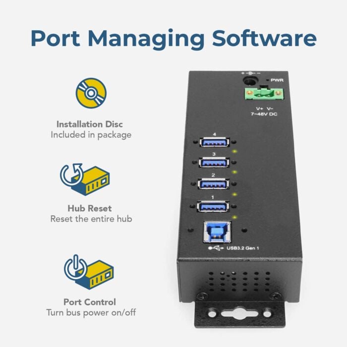 4 Port Managed USB 3.2 Gen 1 Hub w/ 15KV ESD Surge Protection & Vertical Port Orientation