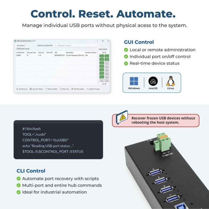 4 Port Managed USB 3.2 Gen 1 Hub w/ 15KV ESD Surge Protection & Vertical Port Orientation