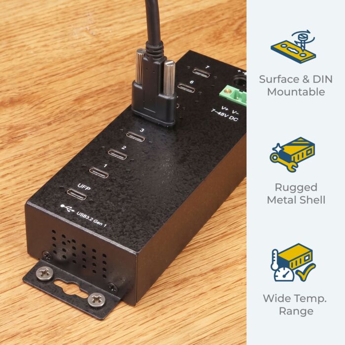 7 Port Managed USB-C 3.2 Gen 2 Hub w/ 15KV ESD Surge Protection