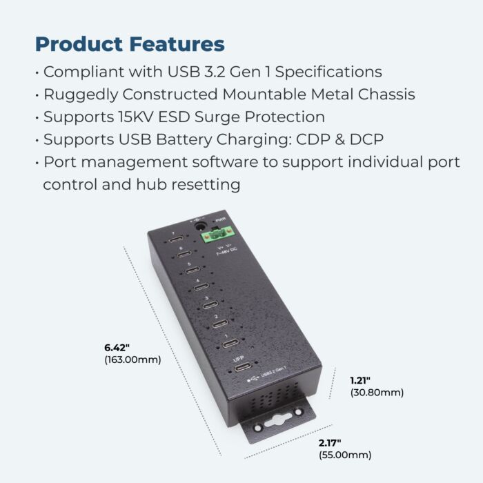 7 Port Managed USB-C 3.2 Gen 2 Hub w/ 15KV ESD Surge Protection