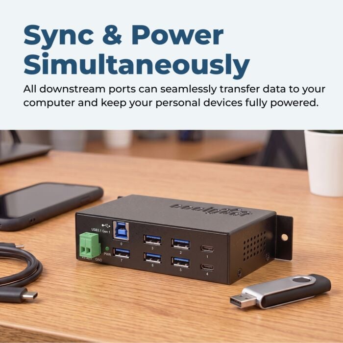 USB-C 7 Port Hub 2X Type-C 5X Type-A - DIN Rail - Surge Protection