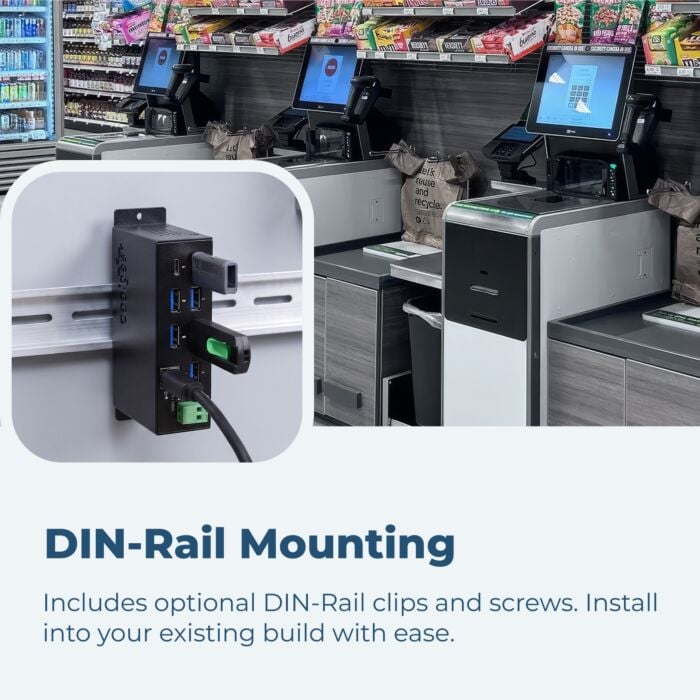 USB-C 7 Port Hub 2X Type-C 5X Type-A - DIN Rail - Surge Protection