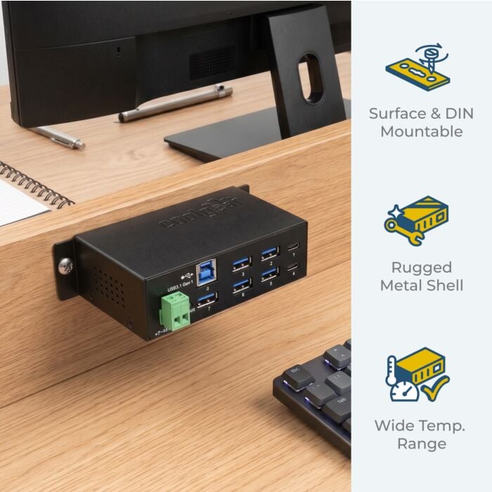 USB-C 7 Port Hub 2X Type-C 5X Type-A - DIN Rail - Surge Protection