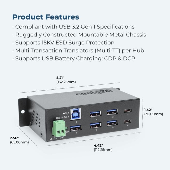 USB-C 7 Port Hub 2X Type-C 5X Type-A - DIN Rail - Surge Protection