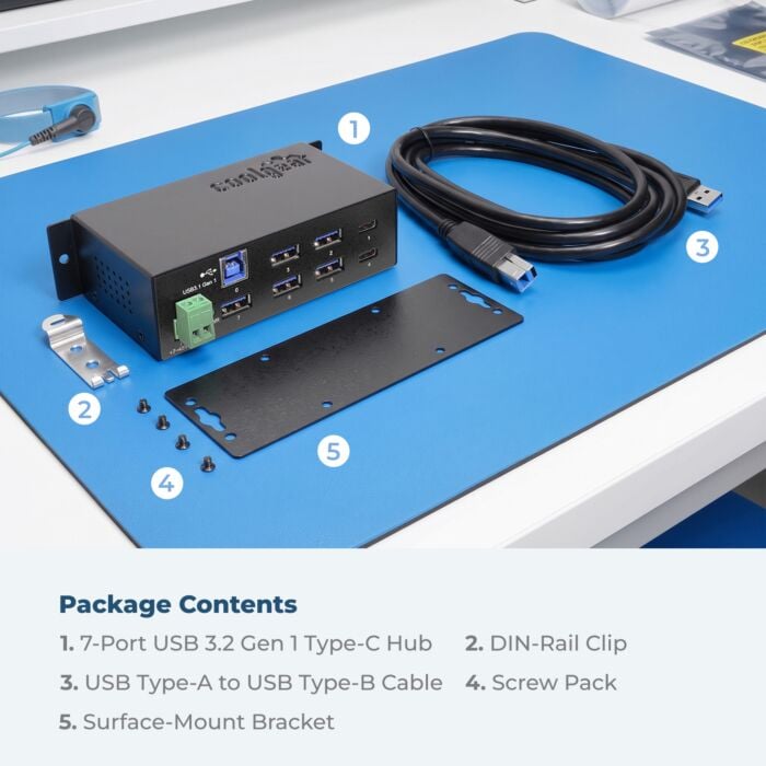 USB-C 7 Port Hub 2X Type-C 5X Type-A - DIN Rail - Surge Protection