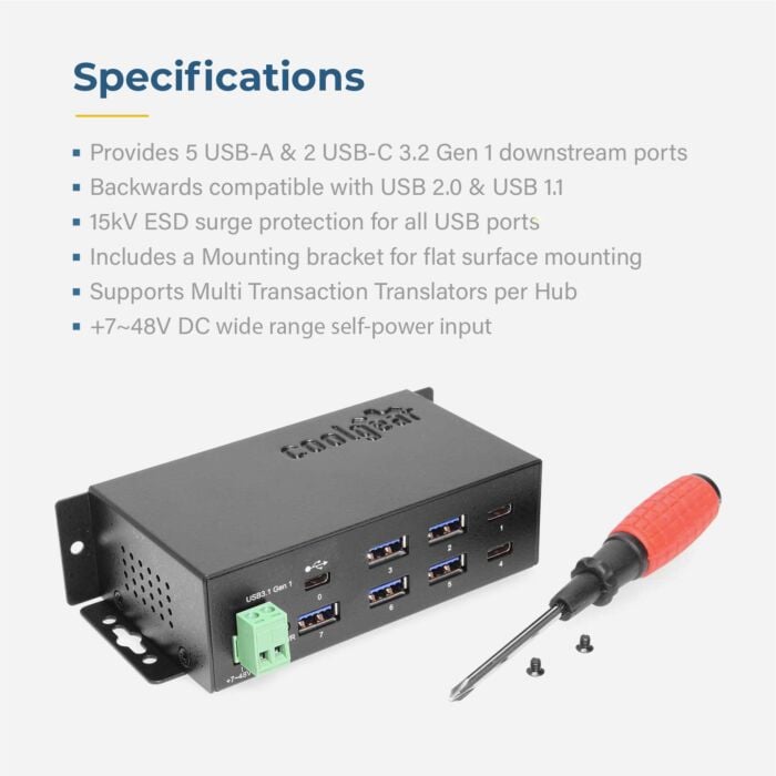 7 Port USB 3.2 Gen 1 Type-C Hub w/ ESD Surge Protection & USB-C Upstream