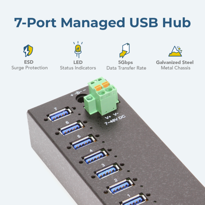 7 Port Managed USB 3 Hub w/ 15KV ESD Surge Protection