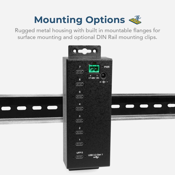 7-port USB-C 3.2 Hub w/ 15KV ESD Surge Protection DIN RAIL Mount