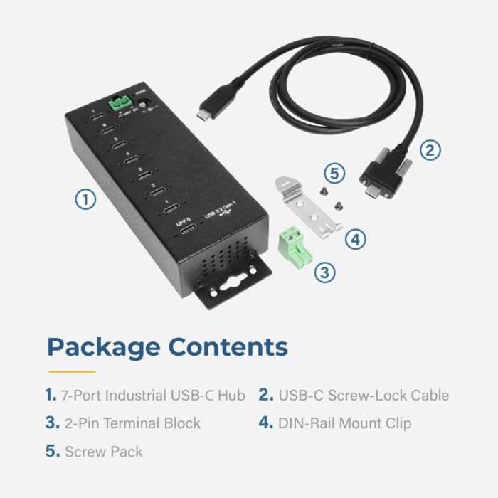 7-port USB-C 3.2 Hub w/ 15KV ESD Surge Protection DIN RAIL Mount