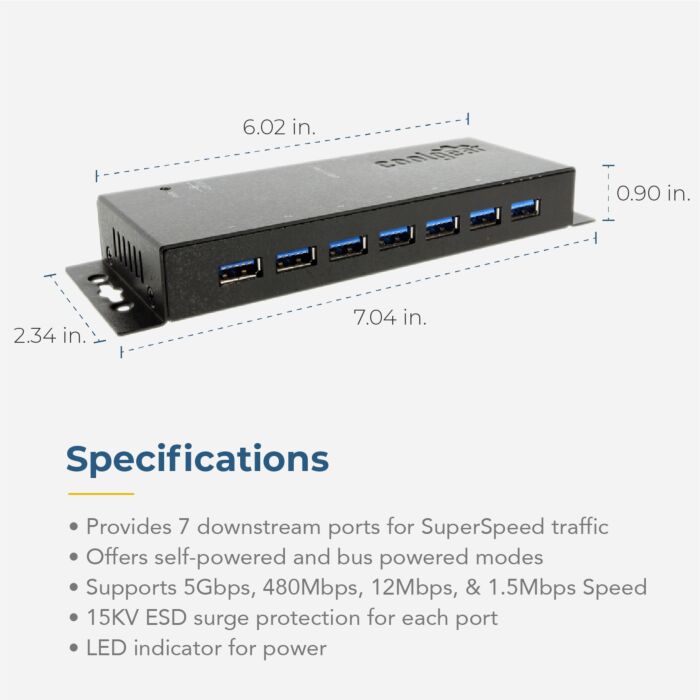 7-Port USB 3.0 Hub w/ Surge Protection, 36W AC Adapter