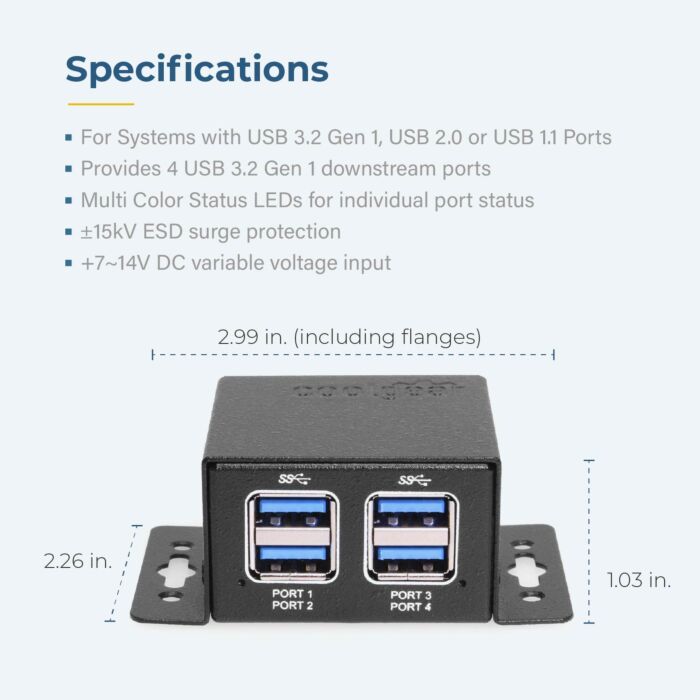 4 Port USB 3.2 Gen 1 Micro Powered Hub w/ ESD Surge Protection & Power Adapter