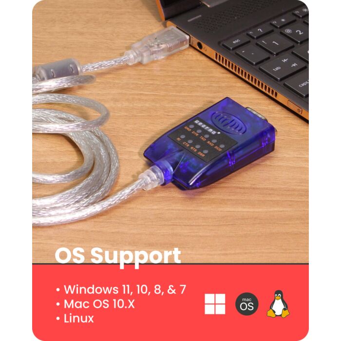 USB to Serial RS-232 Adapter with LED Indicators, FTDI Chipset, Supports Windows 11/10/8.1/8/7, Mac OS X 10.6 and Above