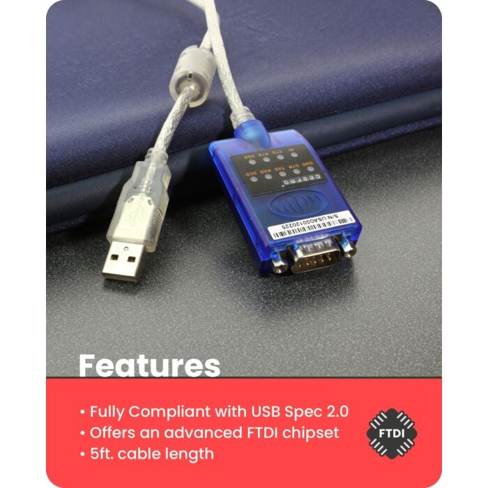 USB to Serial RS-232 Adapter with LED Indicators, FTDI Chipset, Supports Windows 11/10/8.1/8/7, Mac OS X 10.6 and Above