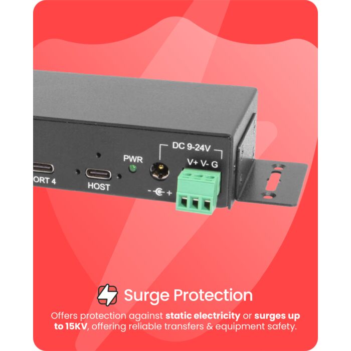 4-Port USB 3.2 Gen 2 Type-C Industrial Surface & DIN-Rail Mount Hub w/ ESD Surge Protection