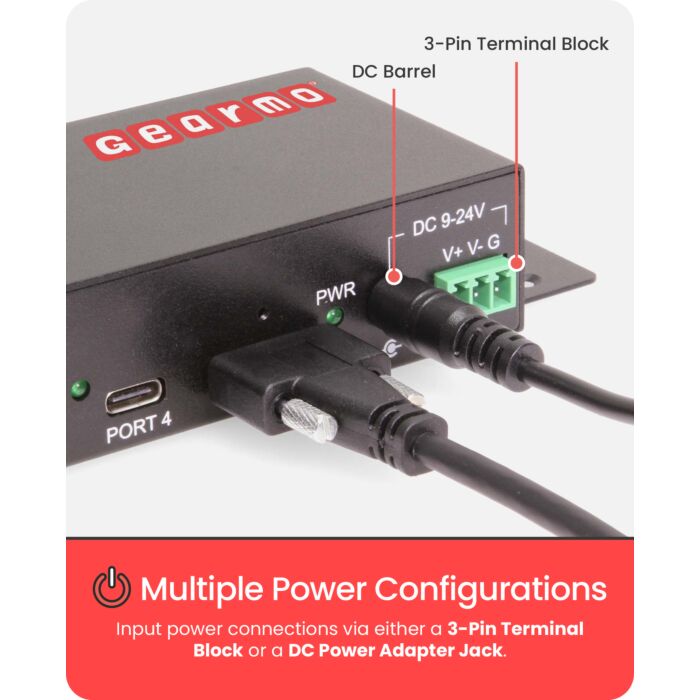 4-Port USB 3.2 Gen 2 Type-C Industrial Surface & DIN-Rail Mount Hub w/ ESD Surge Protection