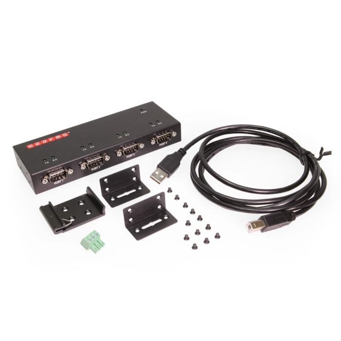 Industrial USB 4 Port Serial RS-232 Adapter w/FTDI Chipset, COM Retention, RX/TX LED Indicators, DIN Rail Mount Bracket, & Surface Mounting Brackets