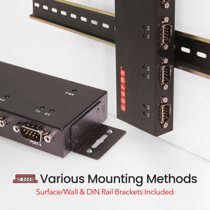 Industrial USB 4 Port Serial RS-232 Adapter w/FTDI Chipset, COM Retention, RX/TX LED Indicators, DIN Rail Mount Bracket, & Surface Mounting Brackets
