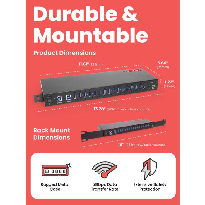 16-Port USB 3.2 Gen 1 Type-A Industrial Rack Mount Compatible Hub w/ ESD Surge Protection
