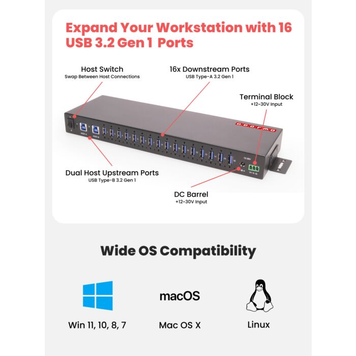 16-Port USB 3.2 Gen 1 Type-A Industrial Rack Mount Compatible Hub w/ ESD Surge Protection