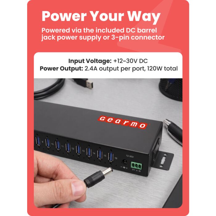 16-Port USB 3.2 Gen 1 Type-A Industrial Rack Mount Compatible Hub w/ ESD Surge Protection
