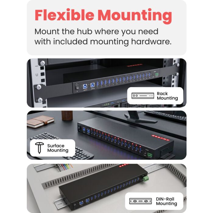 16-Port USB 3.2 Gen 1 Type-A Industrial Rack Mount Compatible Hub w/ ESD Surge Protection