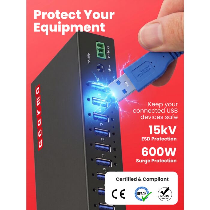 16-Port USB 3.2 Gen 1 Type-A Industrial Rack Mount Compatible Hub w/ ESD Surge Protection