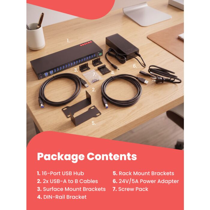 16-Port USB 3.2 Gen 1 Type-A Industrial Rack Mount Compatible Hub w/ ESD Surge Protection