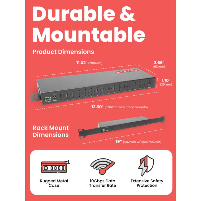 16-Port USB 3.2 Gen 2 Type-C Industrial Rack Mount Compatible Hub w/ ESD Surge Protection