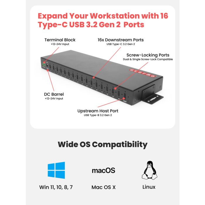 16-Port USB 3.2 Gen 2 Type-C Industrial Rack Mount Compatible Hub w/ ESD Surge Protection