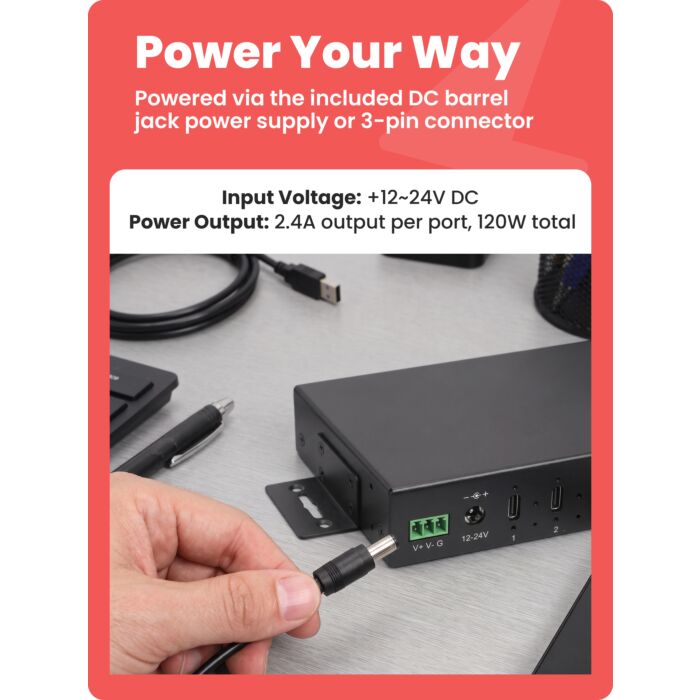 16-Port USB 3.2 Gen 2 Type-C Industrial Rack Mount Compatible Hub w/ ESD Surge Protection
