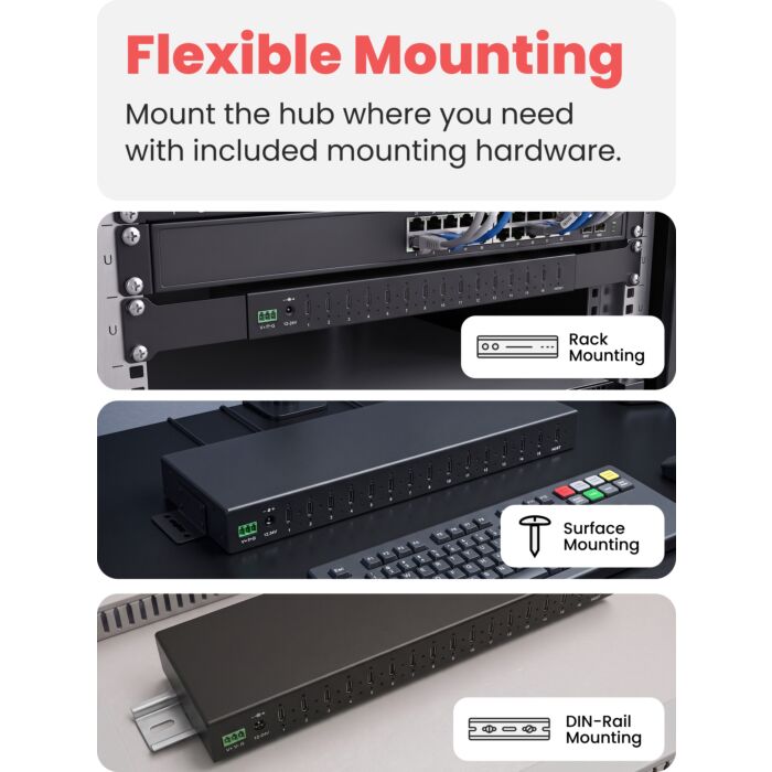 16-Port USB 3.2 Gen 2 Type-C Industrial Rack Mount Compatible Hub w/ ESD Surge Protection