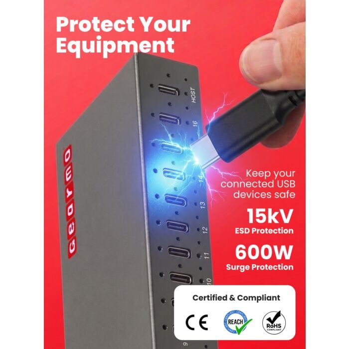 16-Port USB 3.2 Gen 2 Type-C Industrial Rack Mount Compatible Hub w/ ESD Surge Protection